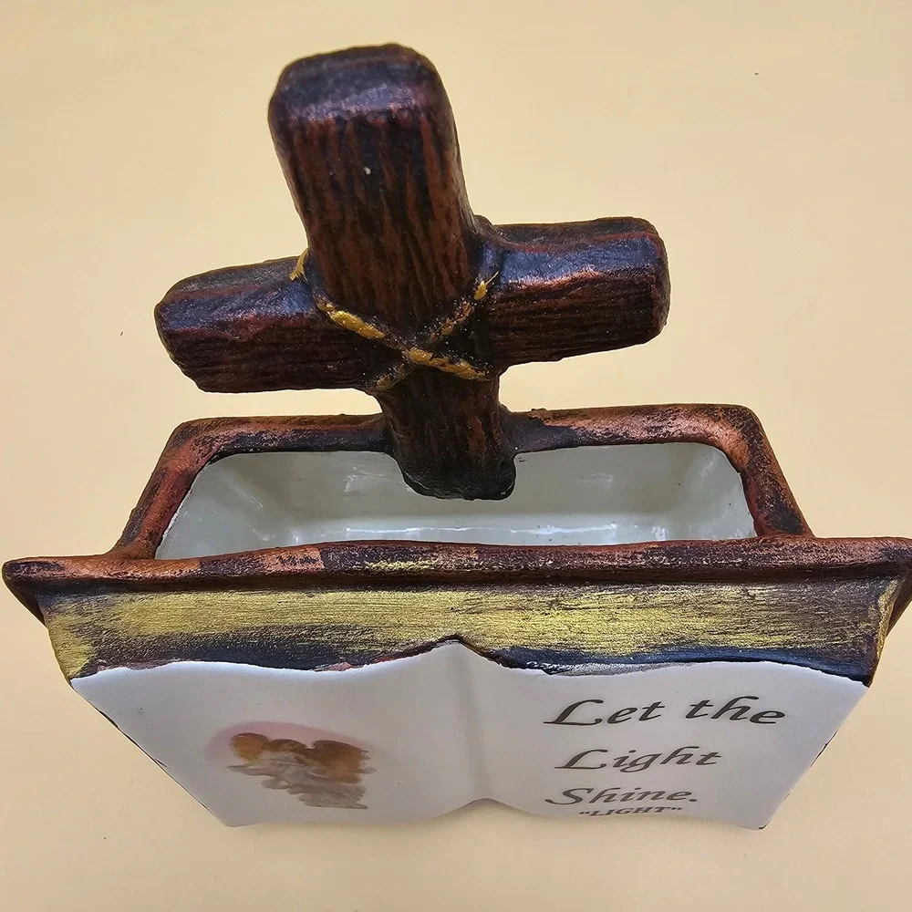 Religious Cross Book Planter Figurine Angel Let the‎ Light Shine 